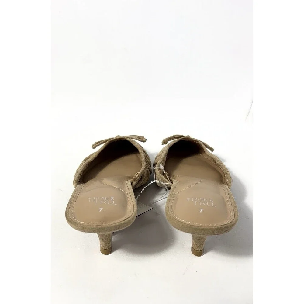Time and Tru Pointed Toe Kitten Heel Mules with Bow Tan Size 7